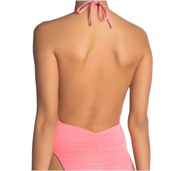 NWT The Bikini Lab Solid Pink Plunge Backless One-Piece Halter Swimsuit Medium - Picture 4 of 9